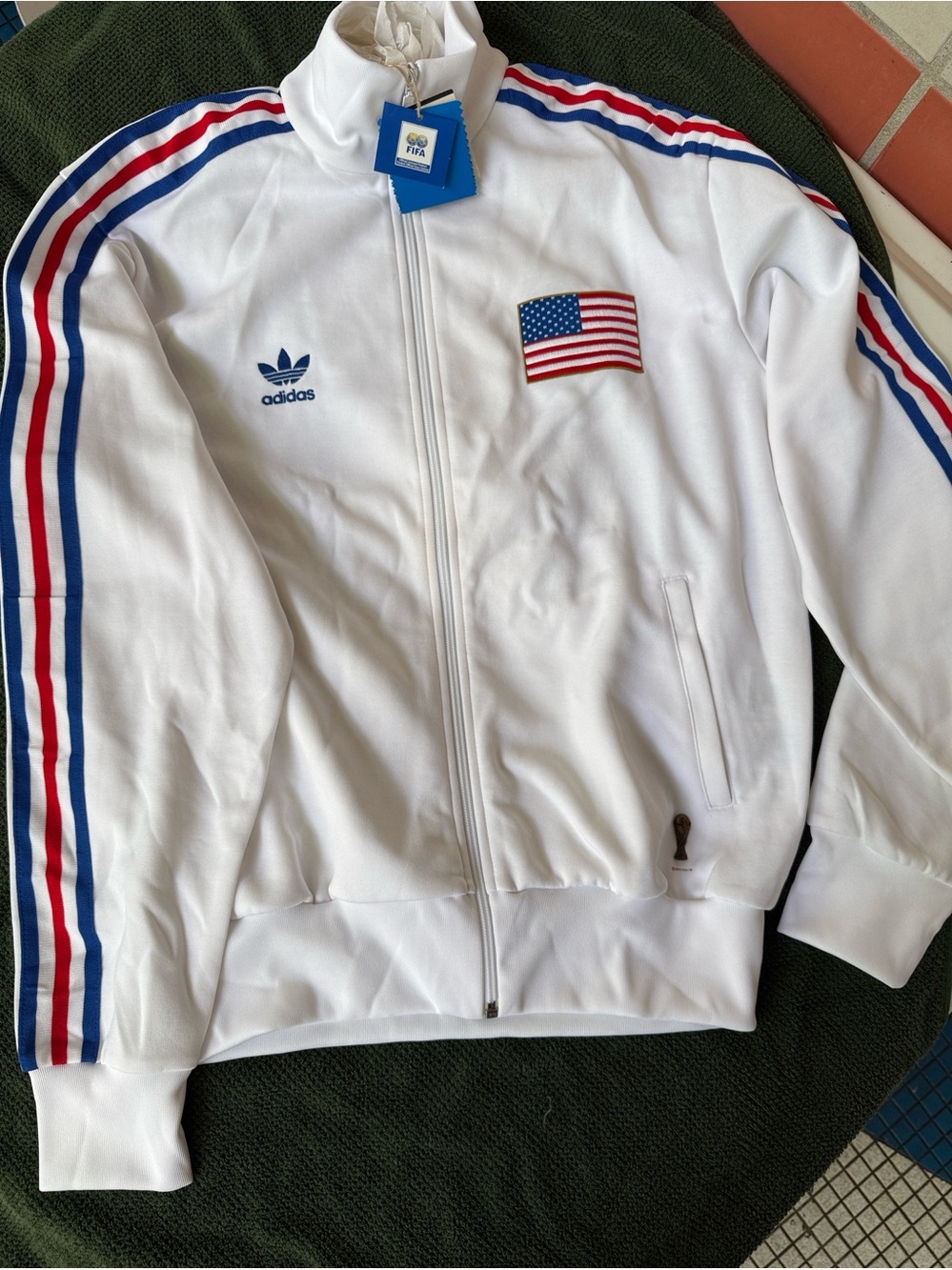 FIFA USA adidas Men’s White Varsity Jacket with Red & Blue Stripes Medium NWT
